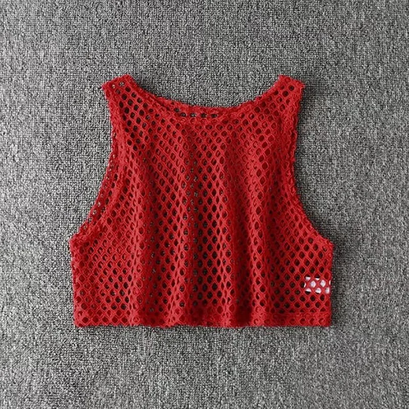 Mongw Sexy Black/Red Hollow Out Crop Top 2022 Mesh T-shirt Female Loose Fashion Summer Basic Tops For Women Fishnet Shirt