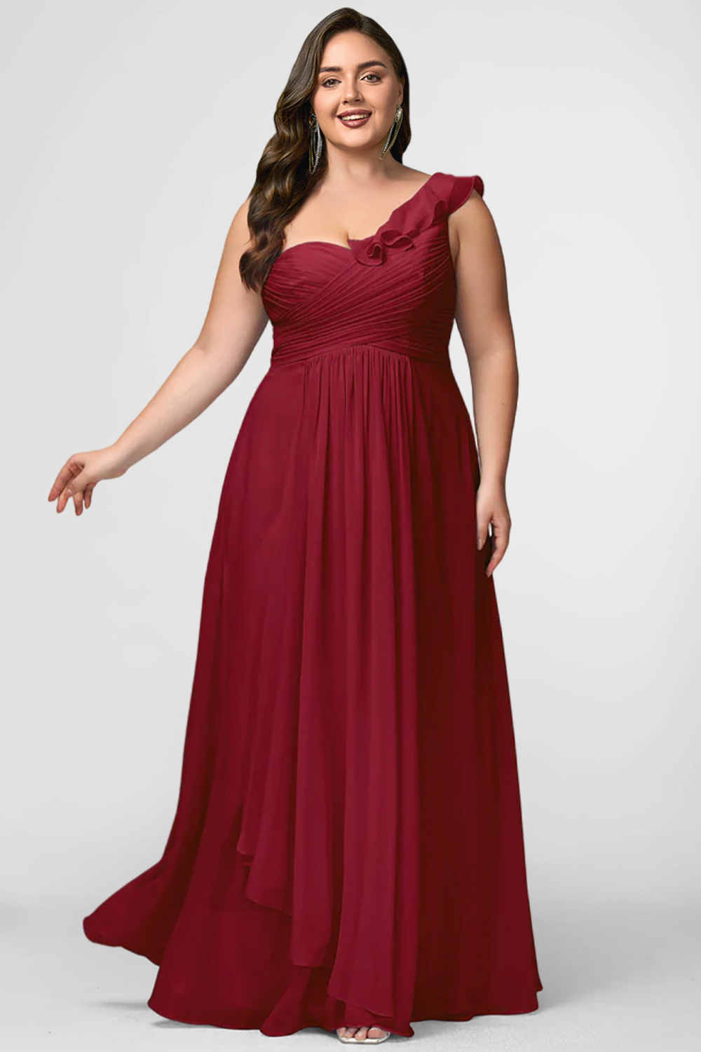 Flycurvy Plus Size Wedding Guest Burgundy One Shoulder Empire Waist Asymmetrical Hem Maxi Dress