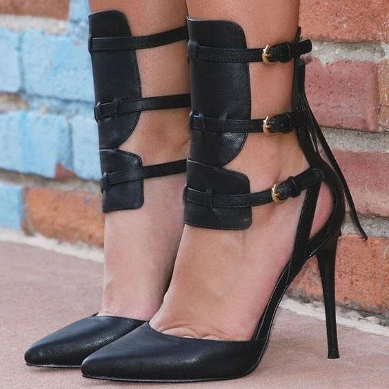 Black Stiletto Heels Buckles Closed Toe Sandals with Tassels |FSJ Shoes