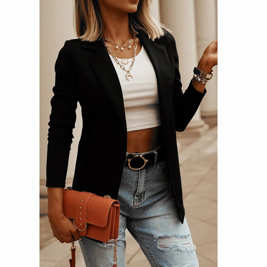 Fashion Solid Office Jacket Casual Ladies Cardigan Turn-Down Collar Loose Coat Female Autumn Winter Long Sleeve Womens Outerwear