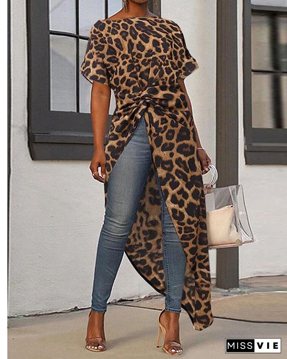 Women Loose High Low Tops Leopard Print Casual Shirts