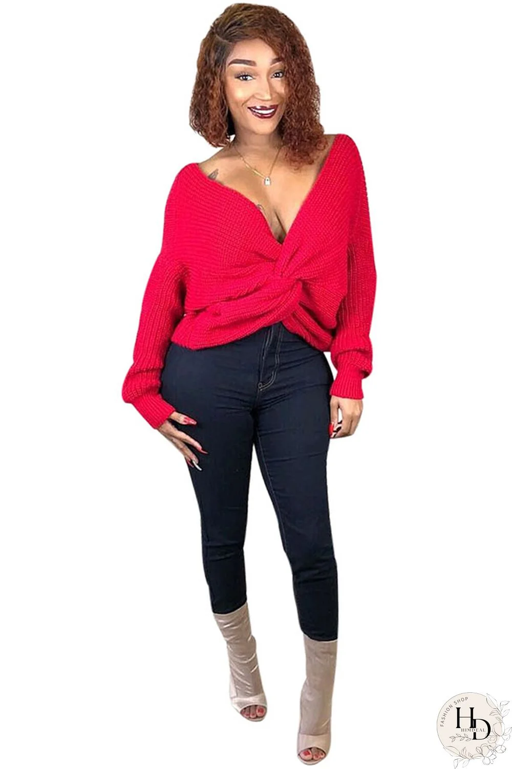 Red Polyester Cotton V Neck Long Sleeve Solid