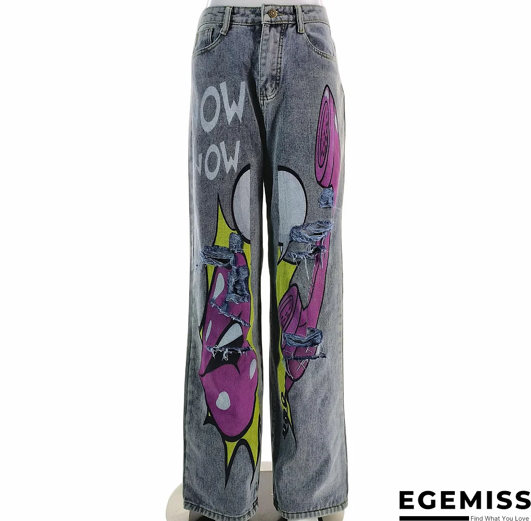 Grey Street Print Ripped Make Old Patchwork High Waist Straight Denim Jeans | EGEMISS