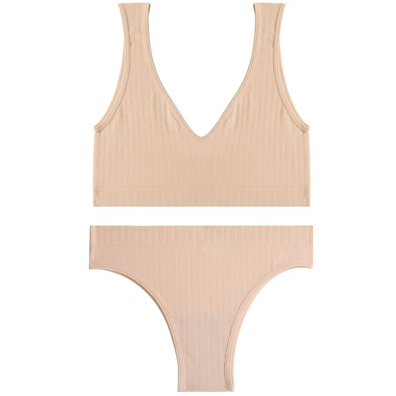 Sexy Women Seamless Lingerie Tops Thong Panty Set U-shaped Back Fitness Bralette Push Up Sports Bra Suit Femme Underwear Girls