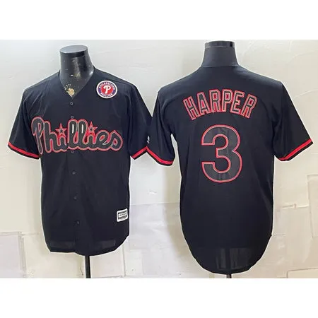 Men's Philadelphia Phillies #3 Bryce Harper Black Cool Base Stitched Baseball Jersey FX4H