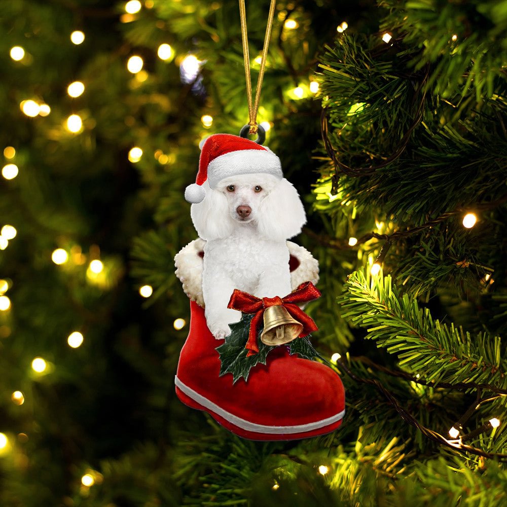 Poodle White In Santa Boot Christmas Hanging Ornament