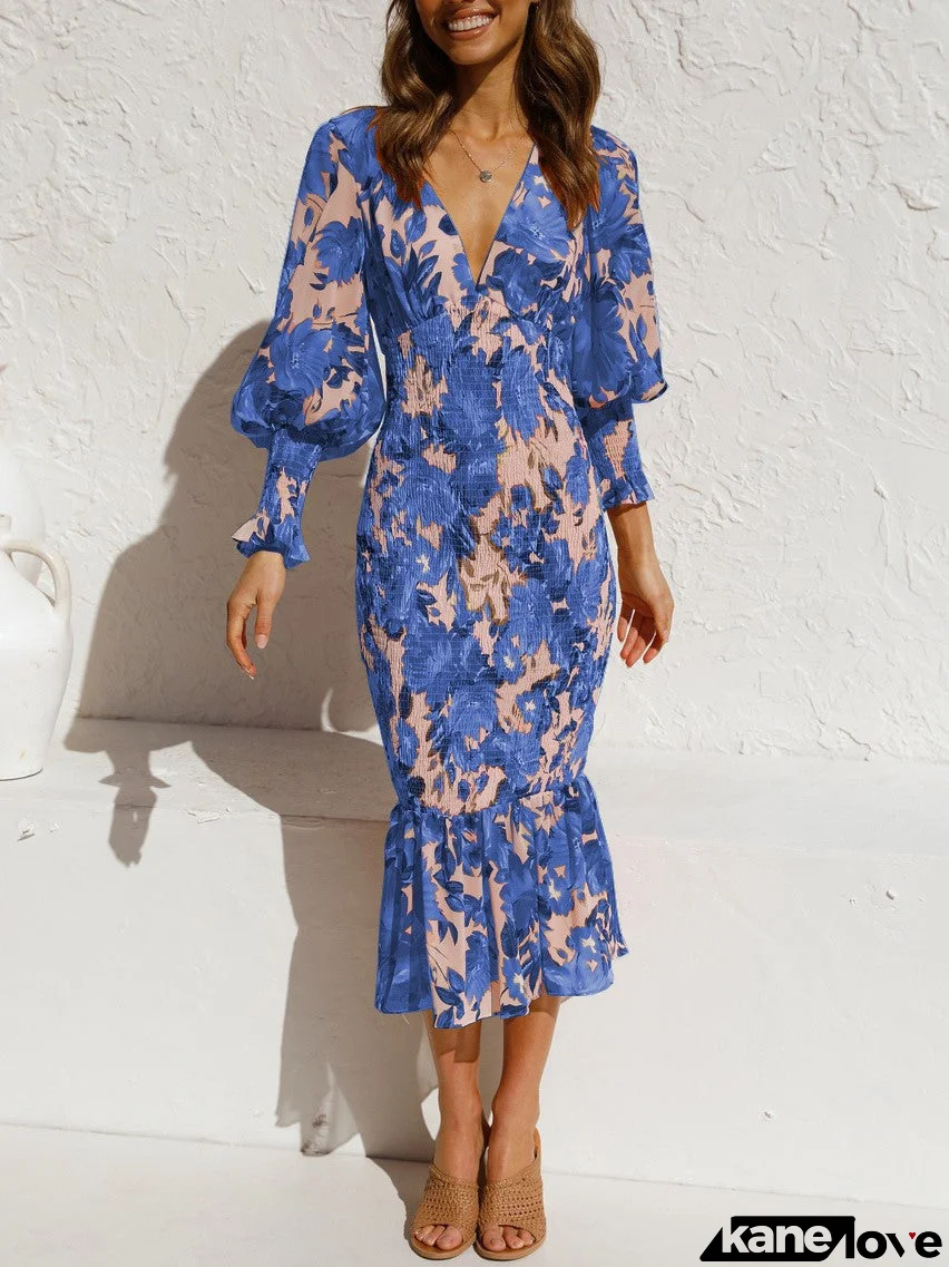 Elastic Waist Printed Ruffle Skirt Long Sleeve Dress