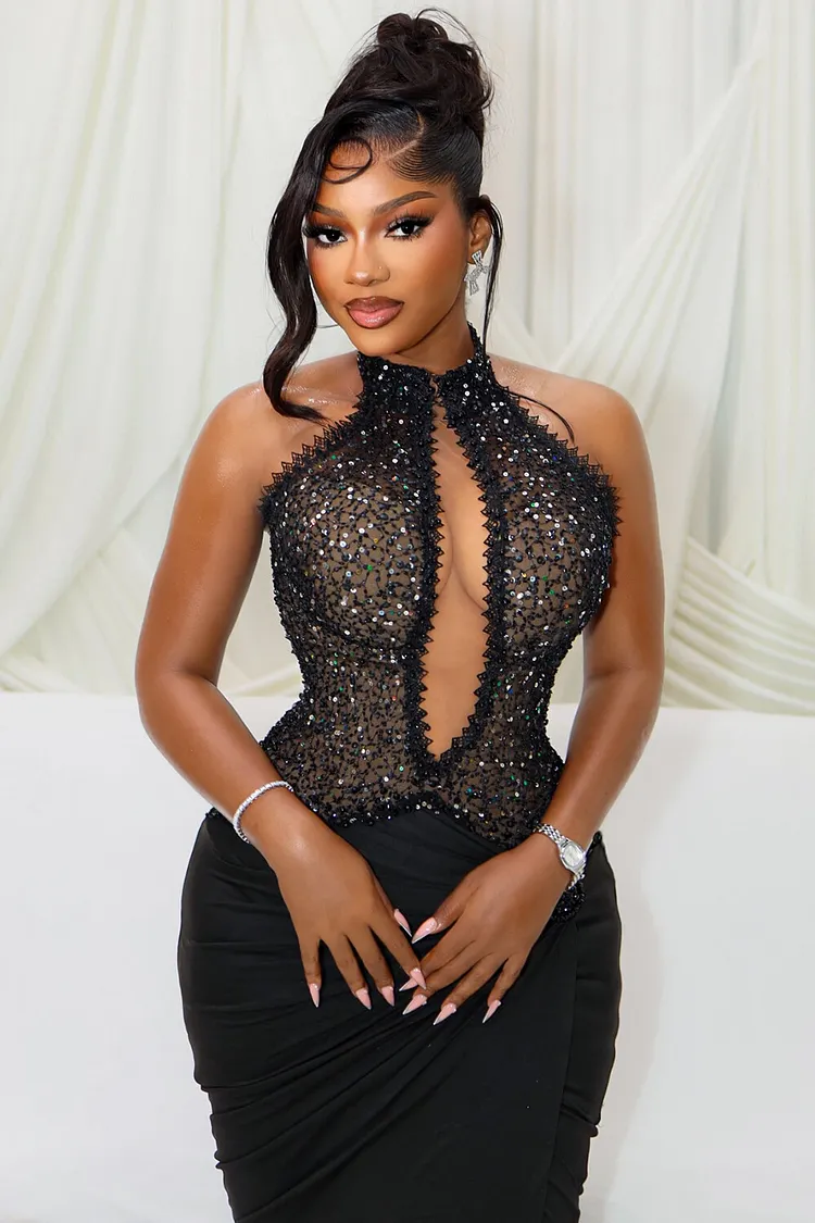 beaded mesh sheath dress Halter Keyhole Cutout Ruched Maxi Dresses-Black [Pre Order] summer weddings