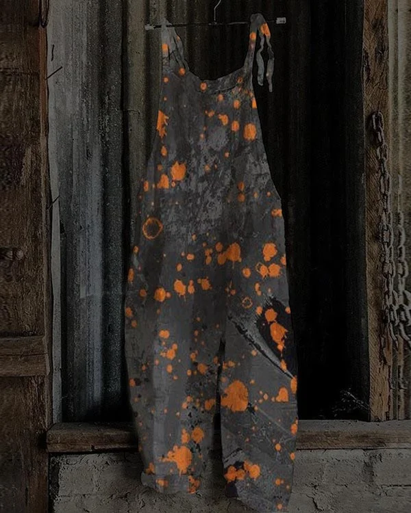 Women's Halloween Night Print Linen Cotton Jumpsuit