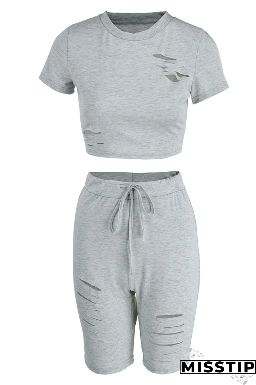 Black Casual Solid Ripped Patchwork O Neck Short Sleeve Two Pieces