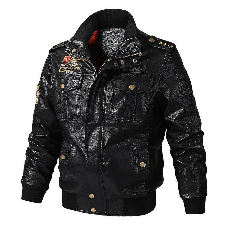 Men's Embroidery Military PU Leather Jacket