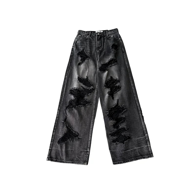 Aiertu Women's Distressed Design Wide Leg Hole Jeans Summer New Street Unisex Style Trousers Loose High Waist Straight Denim Pants Aiertu