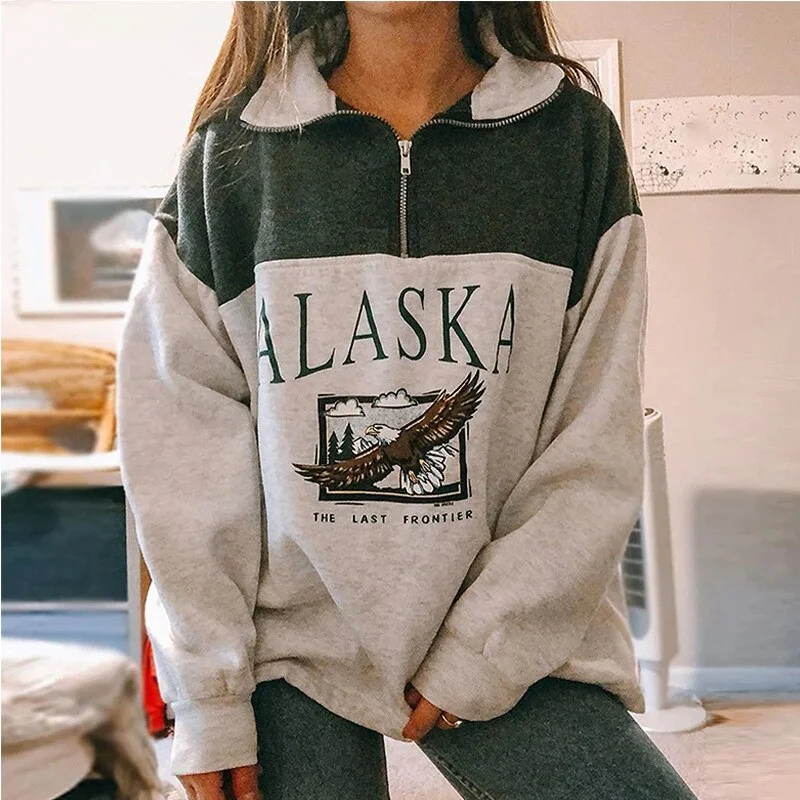 Women Stand Collar Half Zipper Sweatshirt  Alaska Letter Printed Long Sleeve POLO Pullover Female Casual Street Outwear Tops