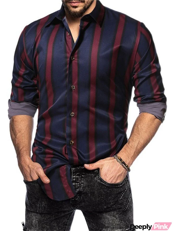Summer Trendy Vertical Striped Lapel Button Up Mens Shirt