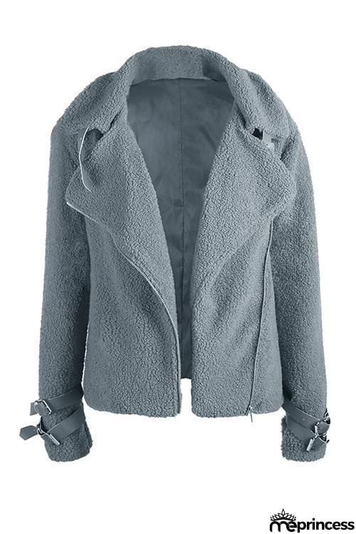 Buckle Fuzzy Zipper Coat