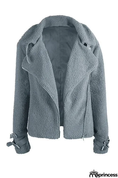 Buckle Fuzzy Zipper Coat