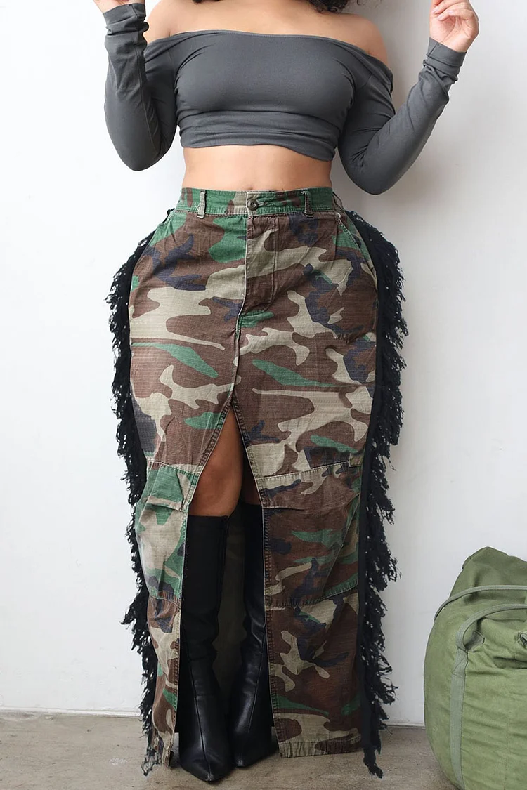 Camo Print High Waist Fringed High Slit Pocket Zip Maxi Skirt