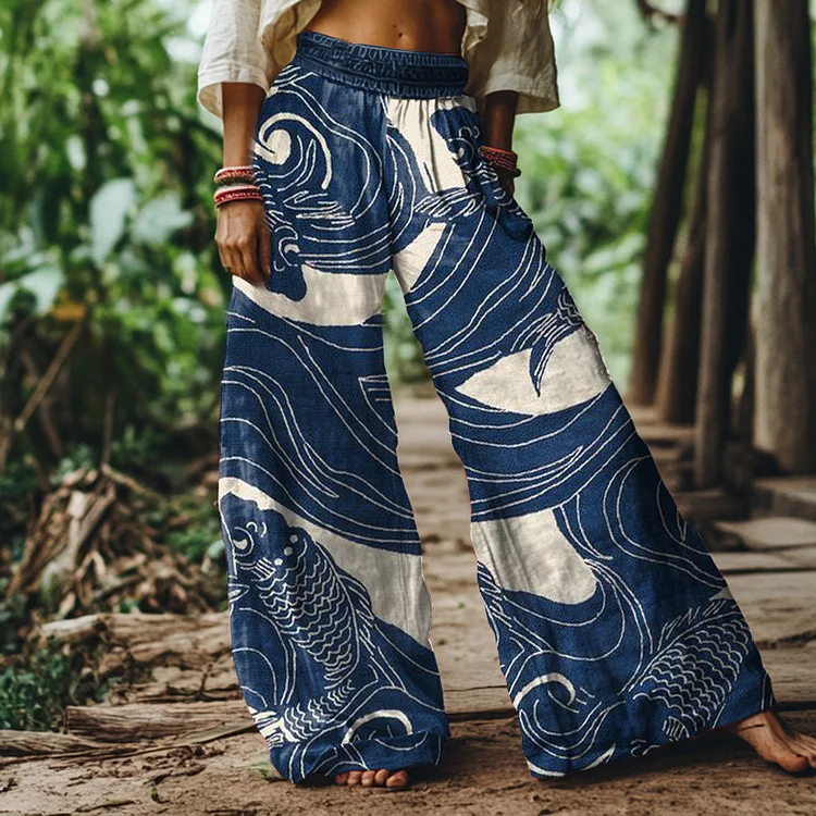 Vintage Japanese Fish Art Print Loose Wide Leg Pants