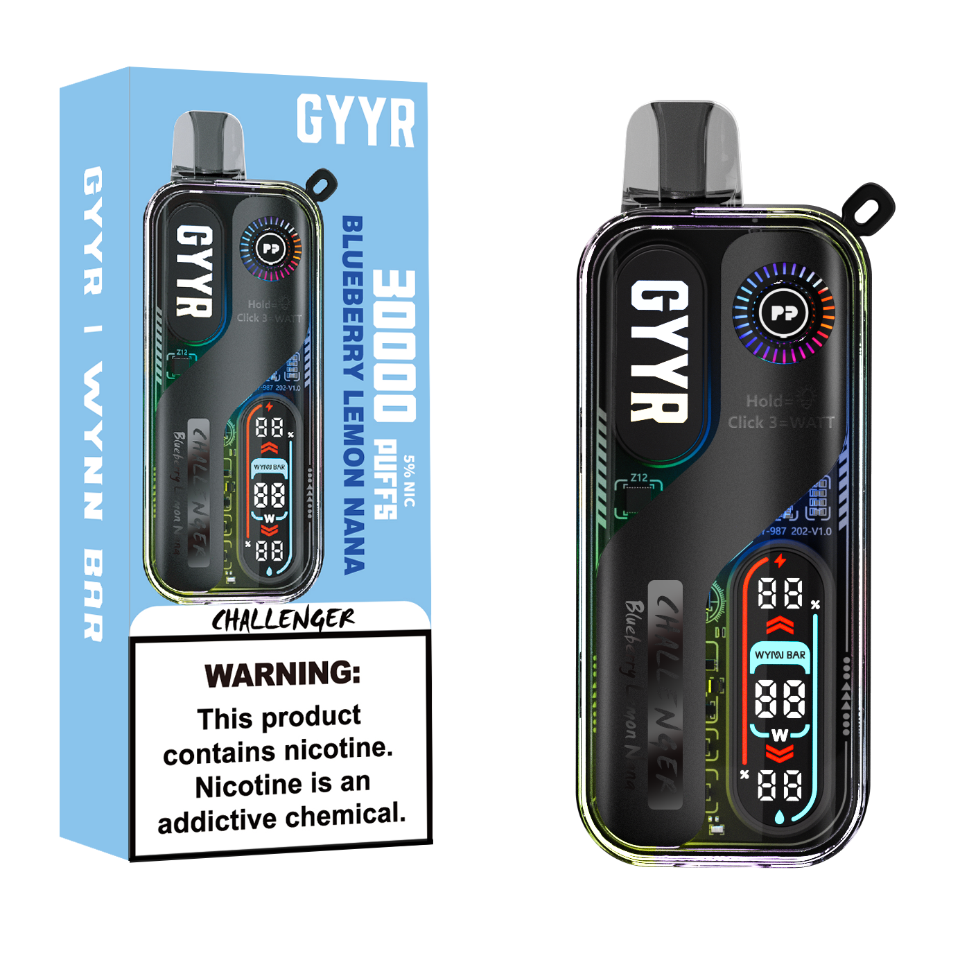 Black and clear GYYR x Wynn Bar Challenger disposable vape, Blueberry Lemon Nana, 30K puffs, 5% nicotine, digital display.