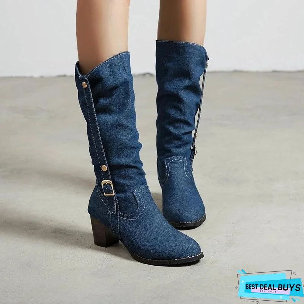 Thick Heel Buckle Cowboy Boots