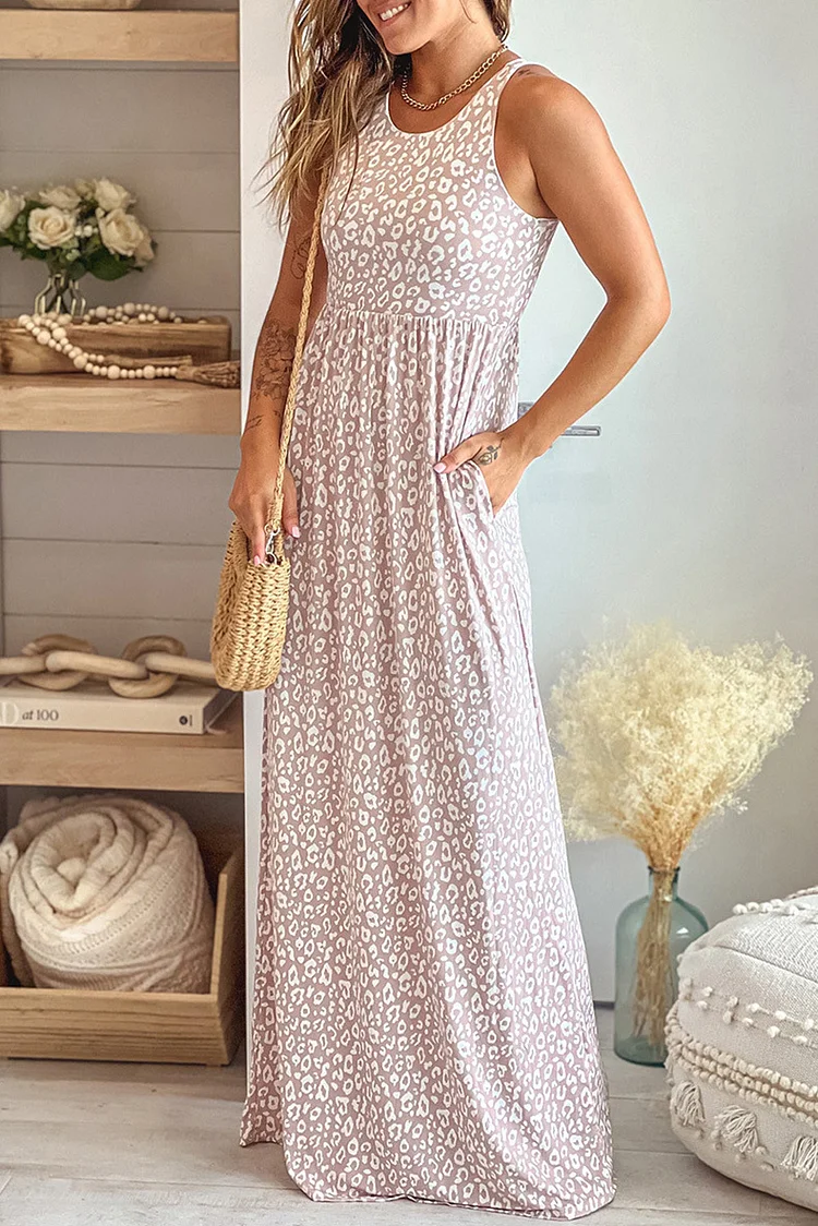 Women's Summer Holiday Dress Crew Neck Sleeveless Leopard Print Maxi Dress Beach Dress