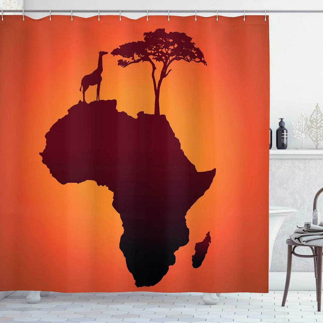 Africa Shower Curtain Safari Animal With Giraffe With Majestic Tree Sunrise Home Waterproof Fabric Bathroom Decor Set With Hooks