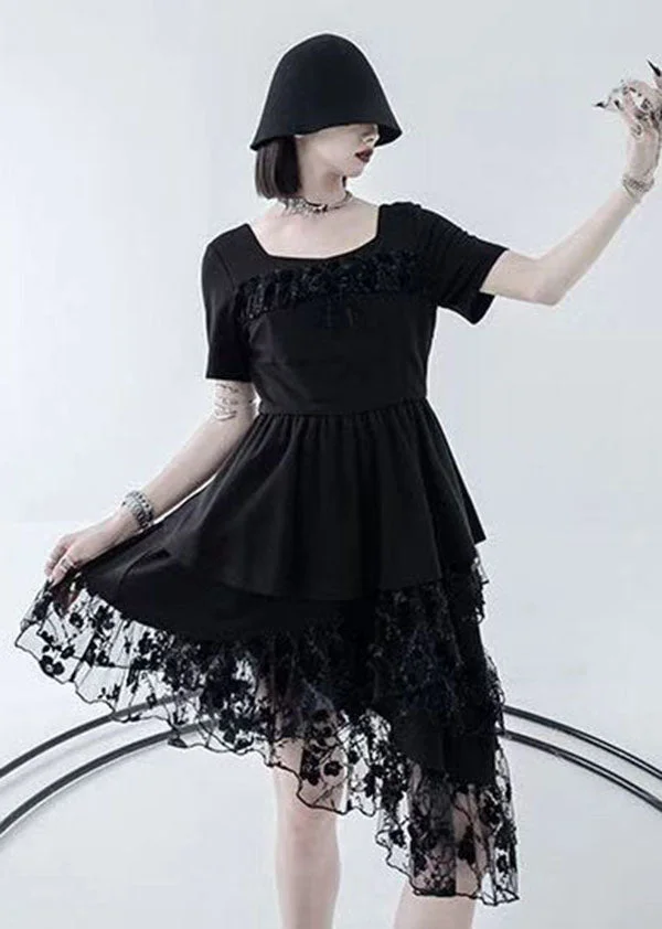 Black Patchwork Tulle Cotton O Neck Cake Dress Asymmetrical Half Sleeve