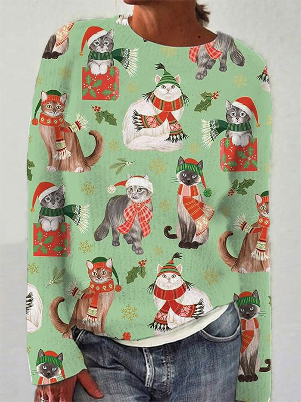 Women's Christmas Cute Cats Print Knit Sweatshirt