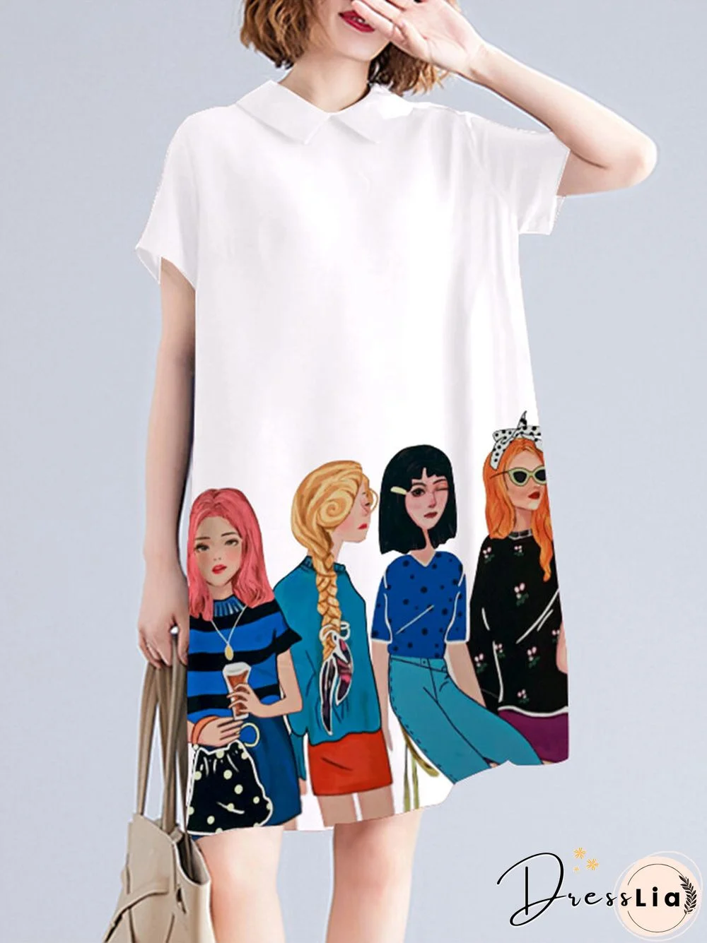 Character Print Pocket Doll Collar Short Sleeve Casual Midi Dress