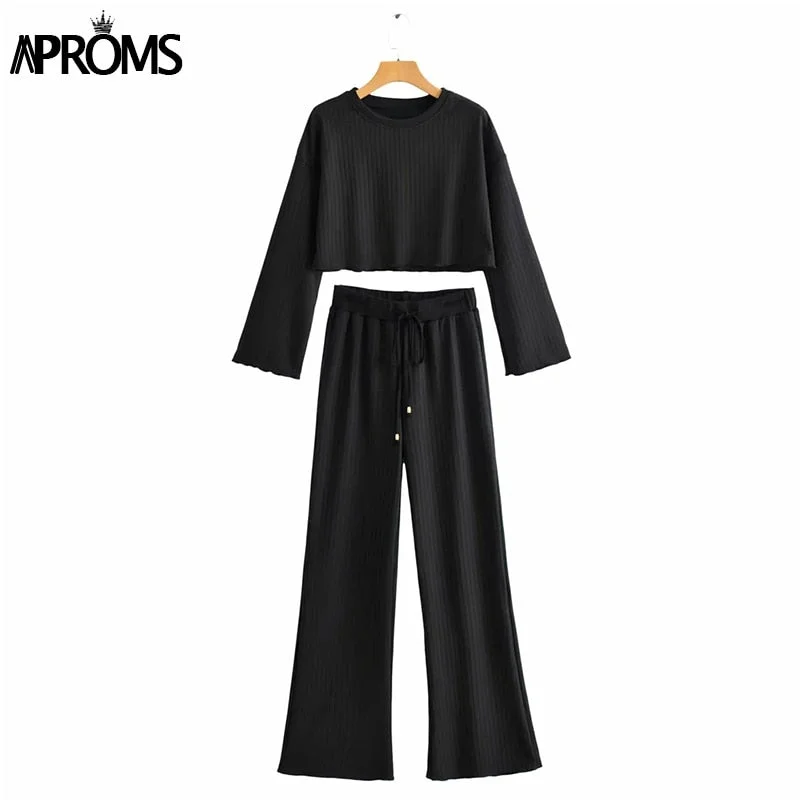 Aproms White Black Knitted Women's 2 Piece Suits Casual Flare Sleeve Cropped Top and Pants Set Female High Waist Homesuits 2022