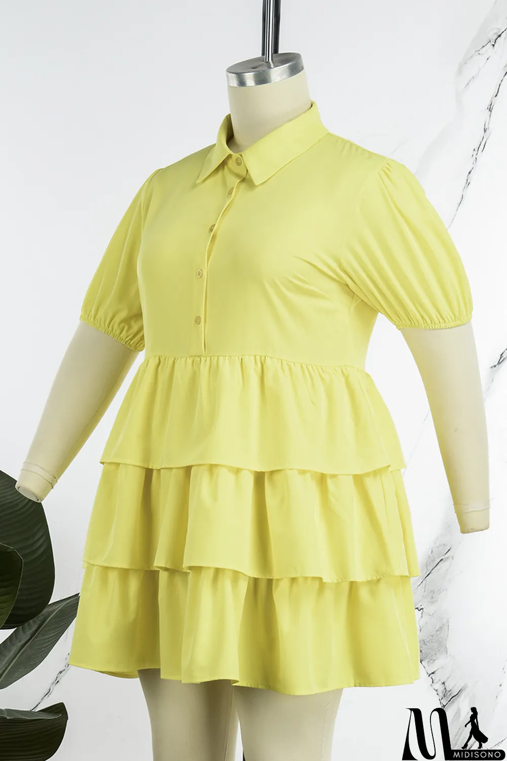 MidiSono - Light Blue Casual Solid Patchwork Turndown Collar Cake Skirt Plus Size Dresses