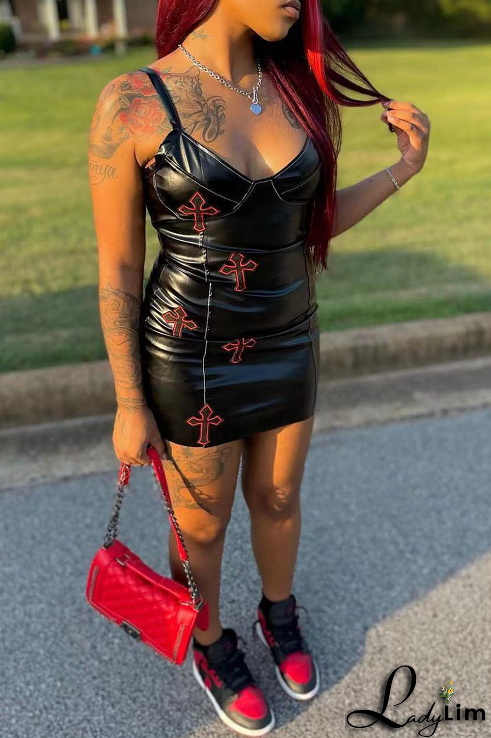Black Sexy Character Patchwork Spaghetti Strap Pencil Skirt Dresses