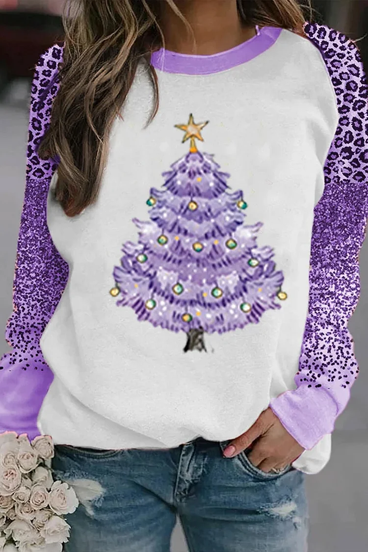 Merry Christmas Purple Christmas Tree Leopard Glitter Print Casual Sweatshirt