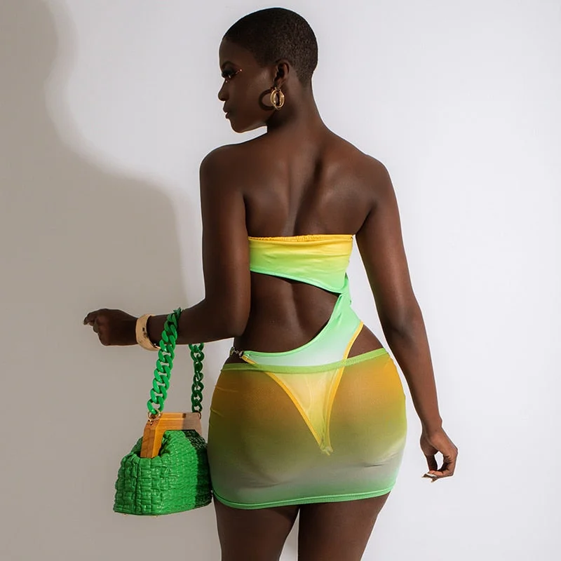 BIIKPIIK Women's Swimwear Sexy Bikini Set Gradient Strapless Cutouts 2 Piece Skirt Set Summer Fashion Elegant Bathing Suits 2022