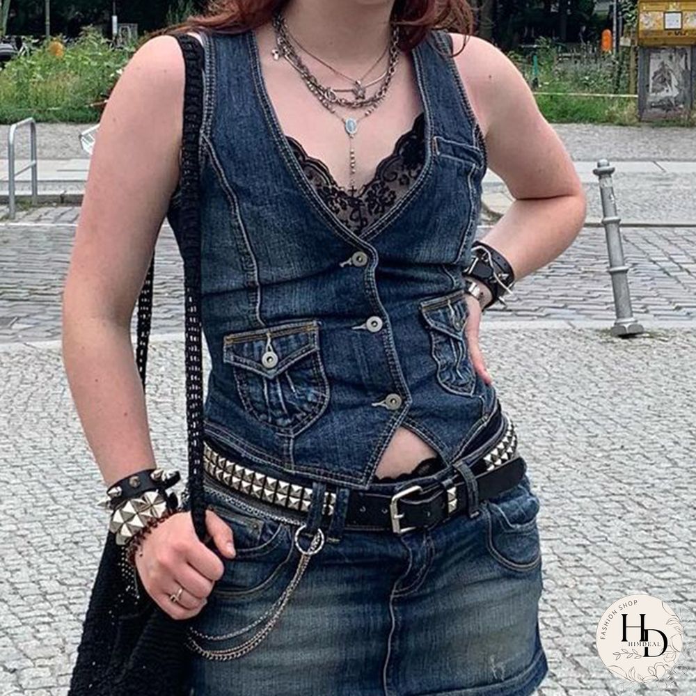 Y2K Pockets Jeans Corset Top Button V Neck Cargo Retro Sweats Tank Tops Women Streetwear Aesthetic Vest Summer 90S Tee