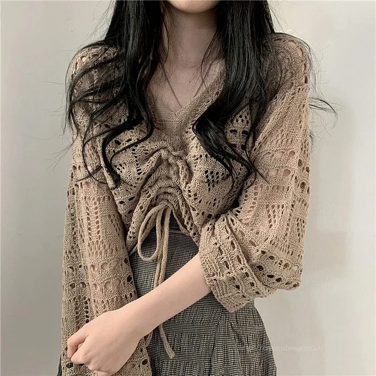 Sexy Khaki V-neck Hollow Out Drawstring Lace-up Trumpet sleeve Knit Top