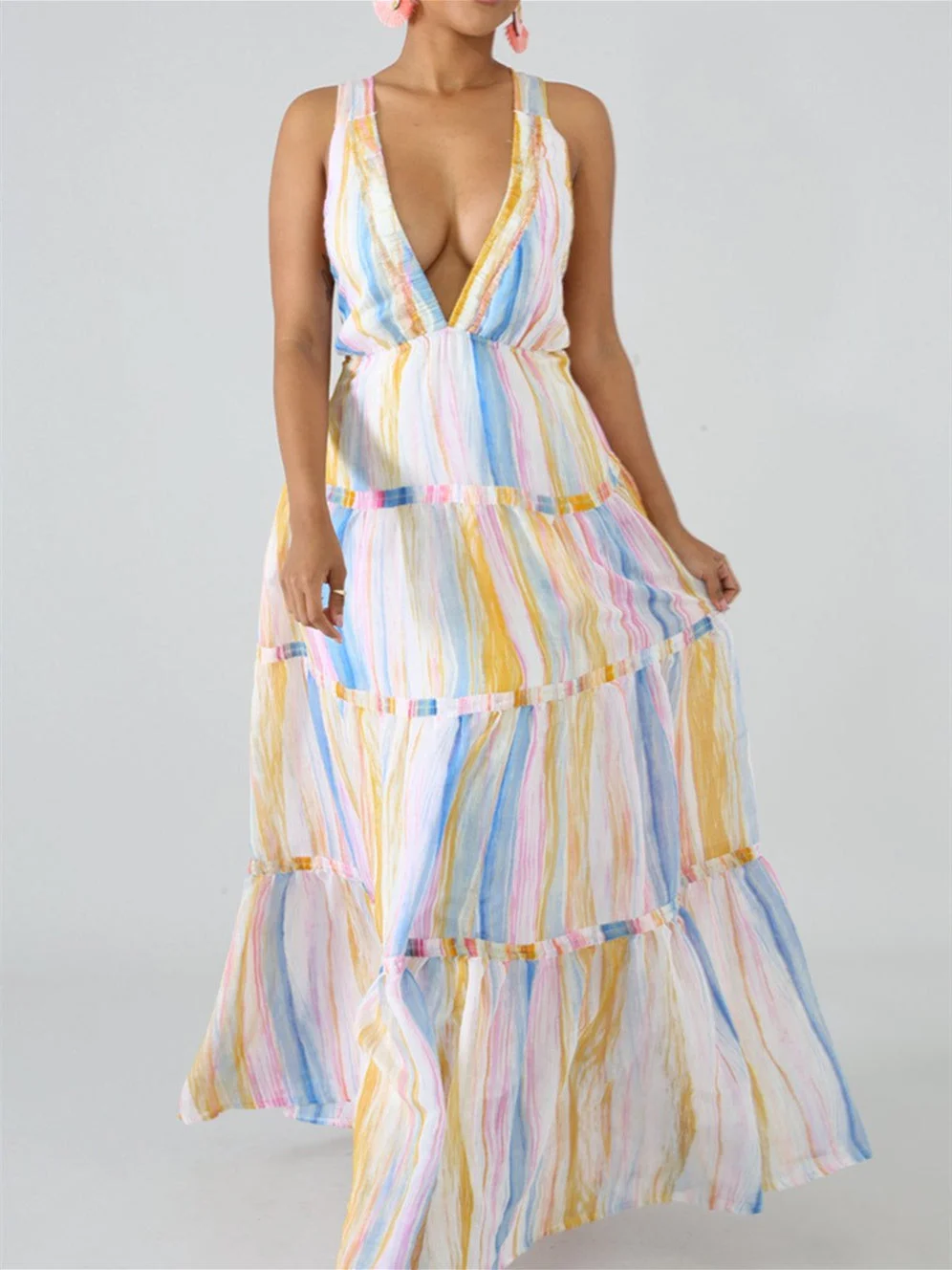 Women's Sleeveless V-neck Colorblock Printed Maxi Dress