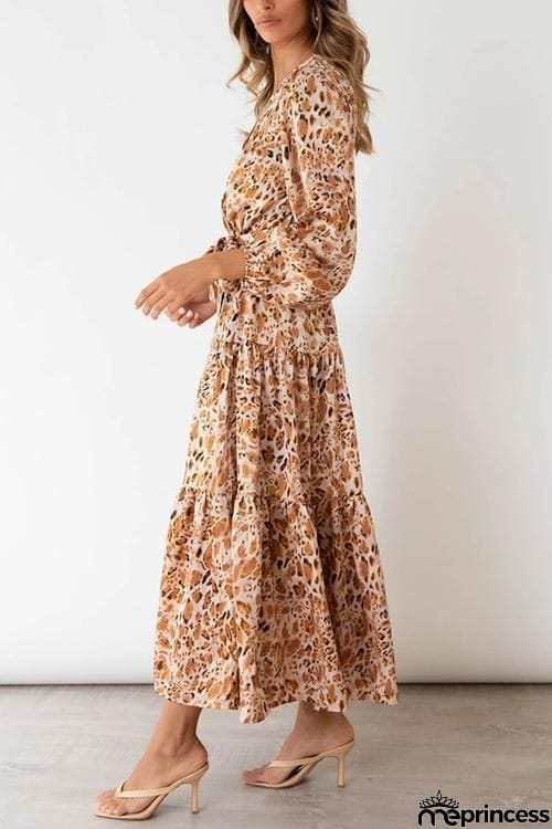 Print Belted Long Sleeve Maxi Dress