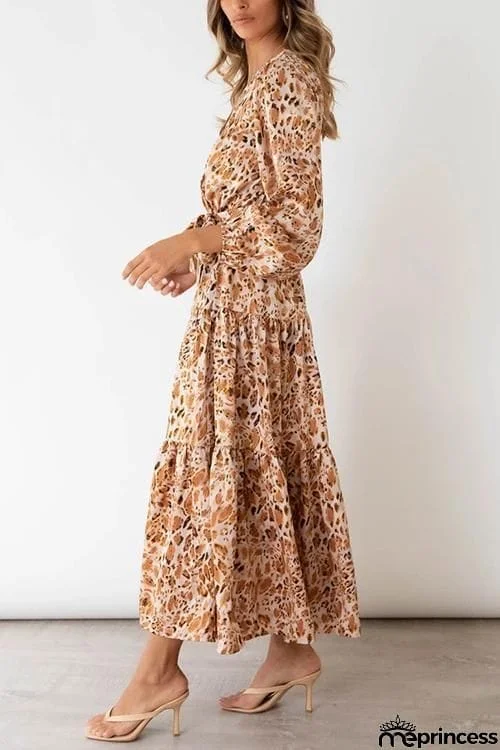 Print Belted Long Sleeve Maxi Dress