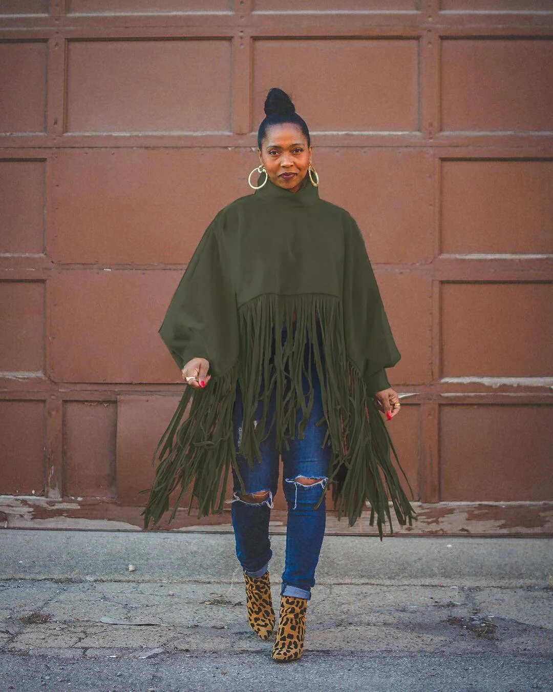 CM.YAYA Women Tassel Hem Batwing Sleeve Capes & Ponchos Streetwear Basic Elegant Turtleneck Autumn Winter INS Tops