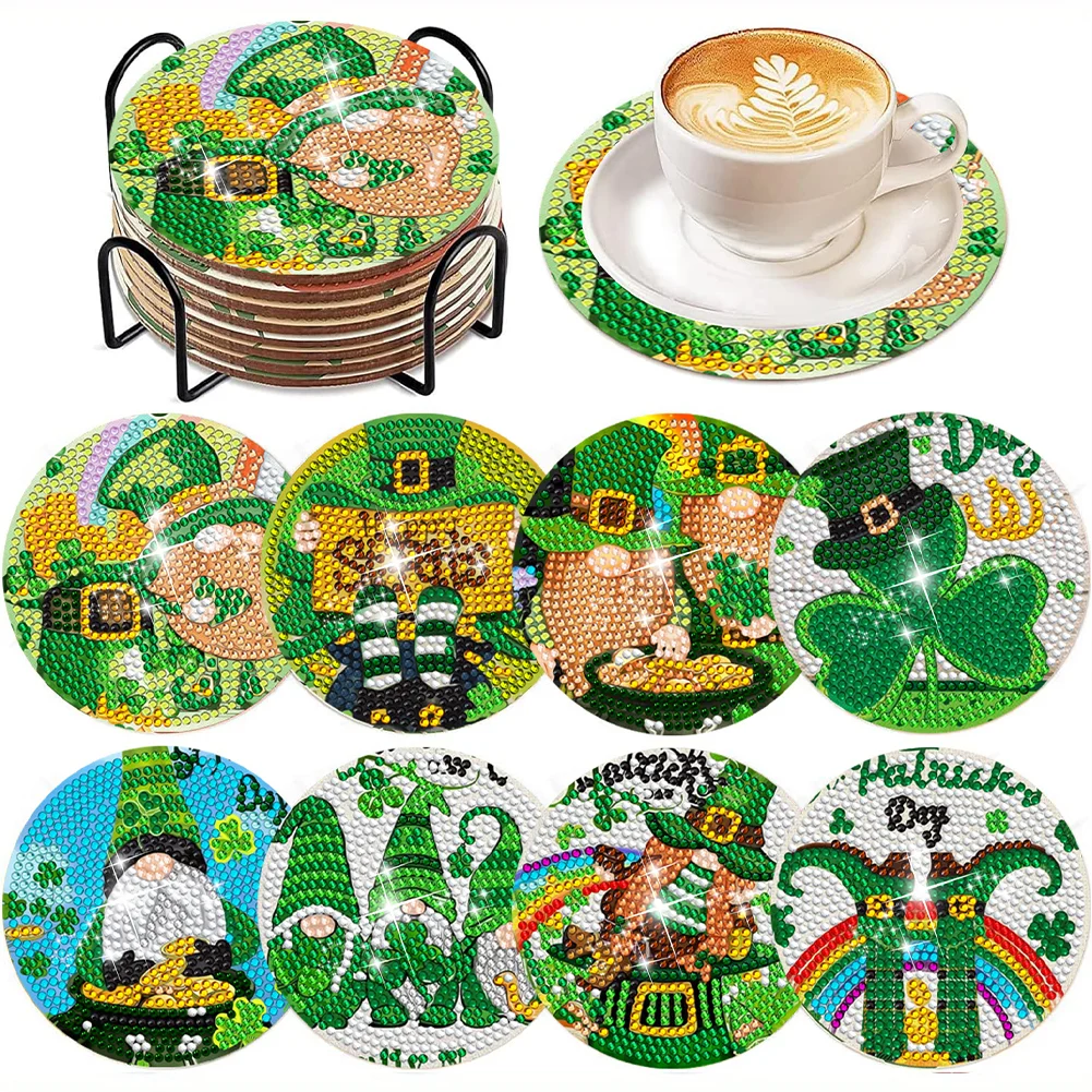 8pcs DIY St. Patrick Day Gnome Wooden Diamond Painting Coasters with Holder Cork Pads