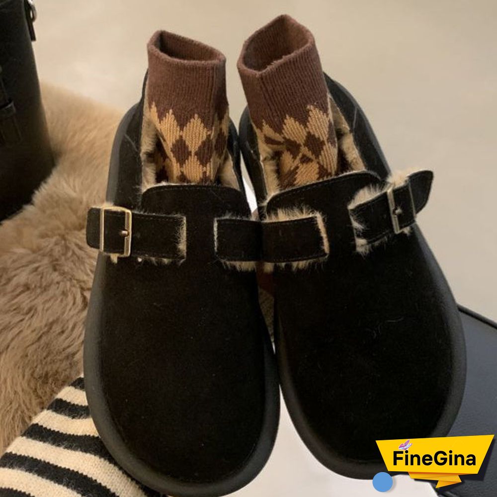 Women's Casual Solid Color Round Toe Flat Sole Plush Shoes