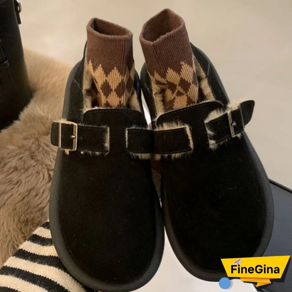 Women's Casual Solid Color Round Toe Flat Sole Plush Shoes