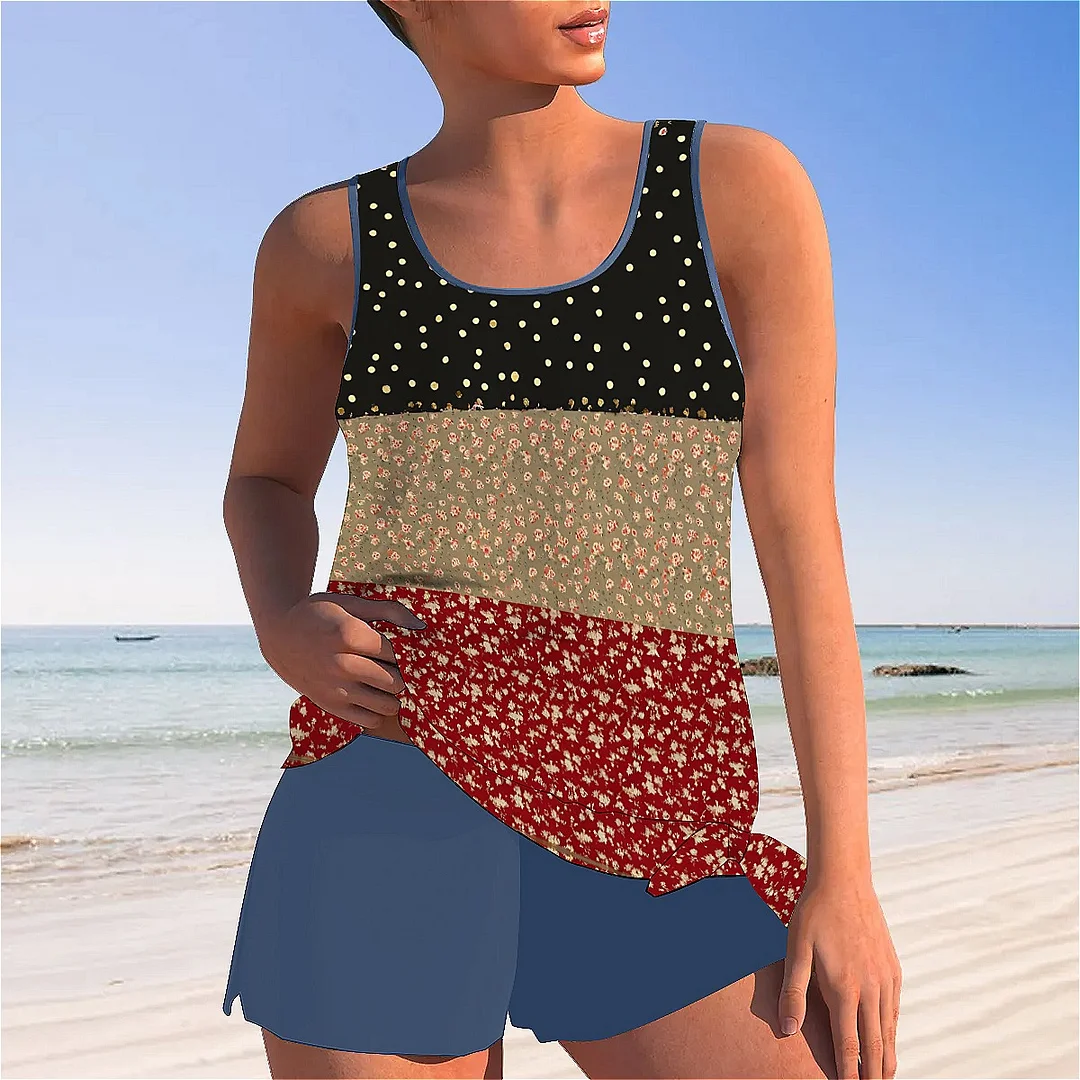 Bowknot Floral,Polka Dot,Red,Light Coffe,Navy,Stitch Mid Waisted Tankini Set - Plus Size Available