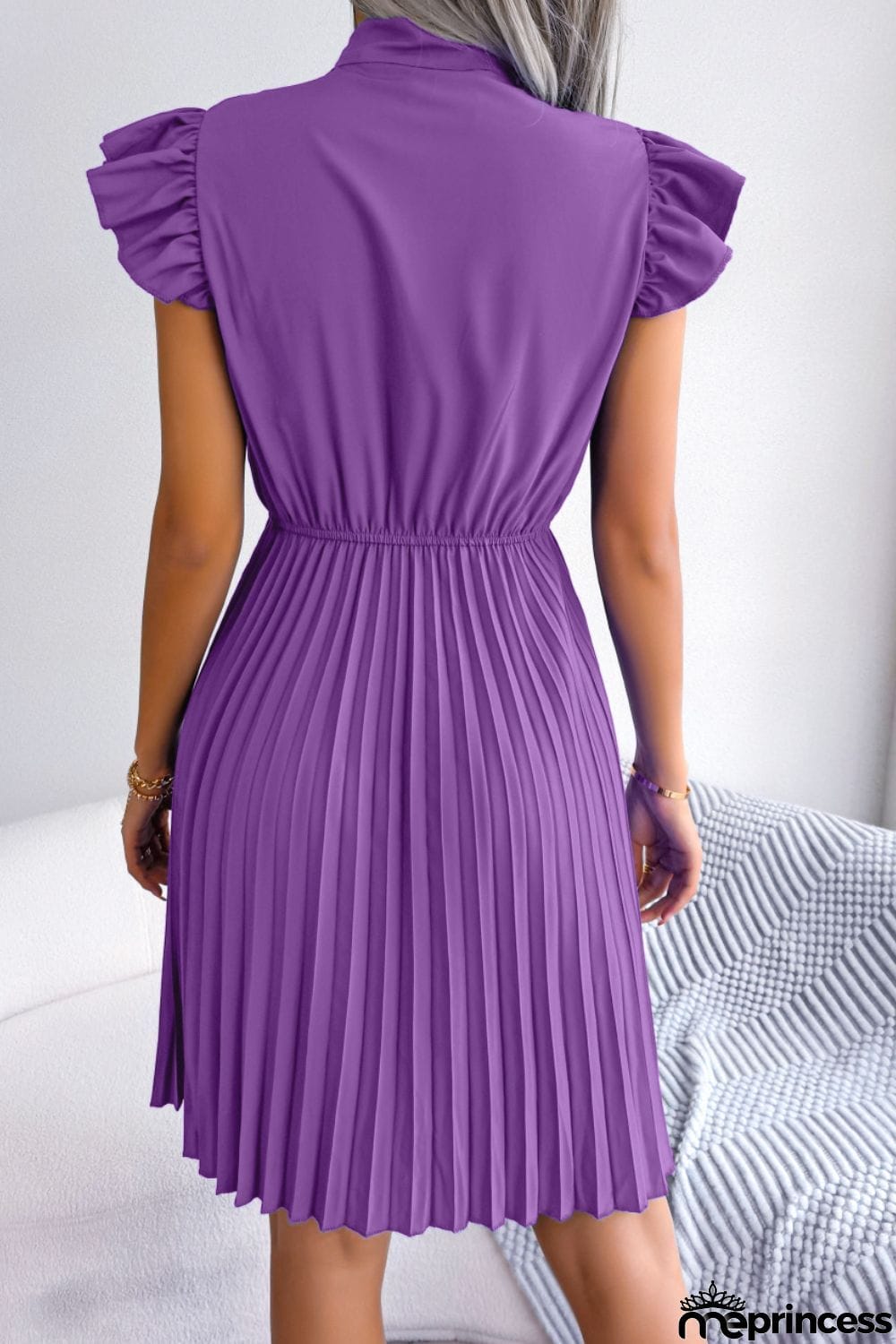 Tie Neck Butterfly Sleeve Pleated Dress