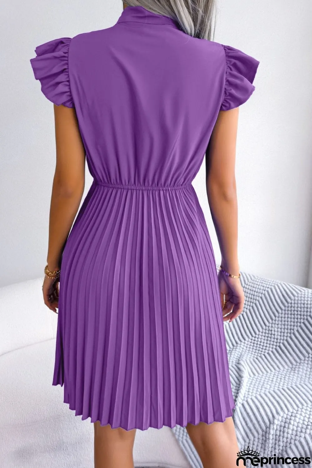 Tie Neck Butterfly Sleeve Pleated Dress