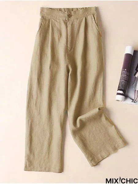 Women Linen Casual Pants Solid  Pockets Elastic Straight Pants