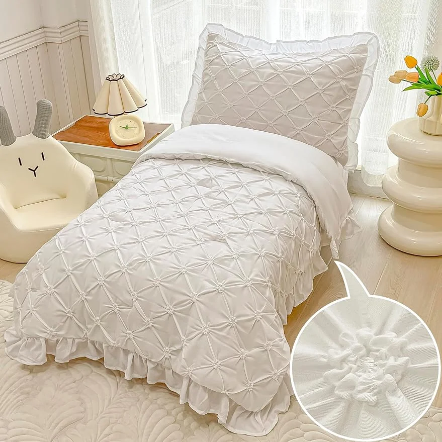 Toddler Bedding Set for Girls 4-Piece Pinch Pleat White Ruched 3D Floral Pintuck Toddler Bed Comforter Set for Baby Kids Bed-in-a-Bag Sheet Set with Ruffle Fringe