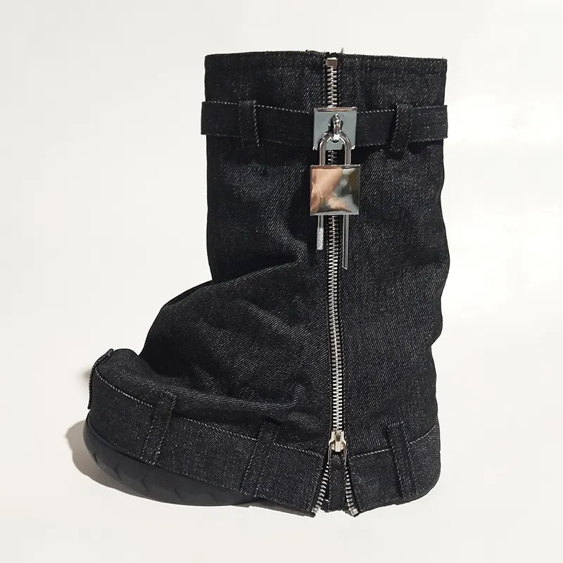 VCSHOES Denim Wedges Short Boots Round Toe Platform Super High Heel Metal Buckle Zipper Turned-over Edge Modern Boots