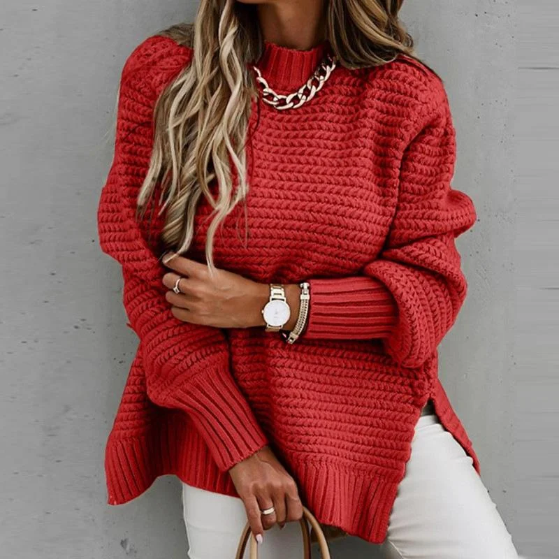 Half High Neck Loose Solid Color Long Sleeve Side Split Knitted Sweater | EGEMISS